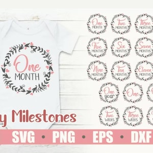 Paquete SVG de rondas de hitos para bebés, rondas de flores para bebés, silueta cricut de bebé Glowforge, corona de hojas svg, hito mensual, citas para bebés svg