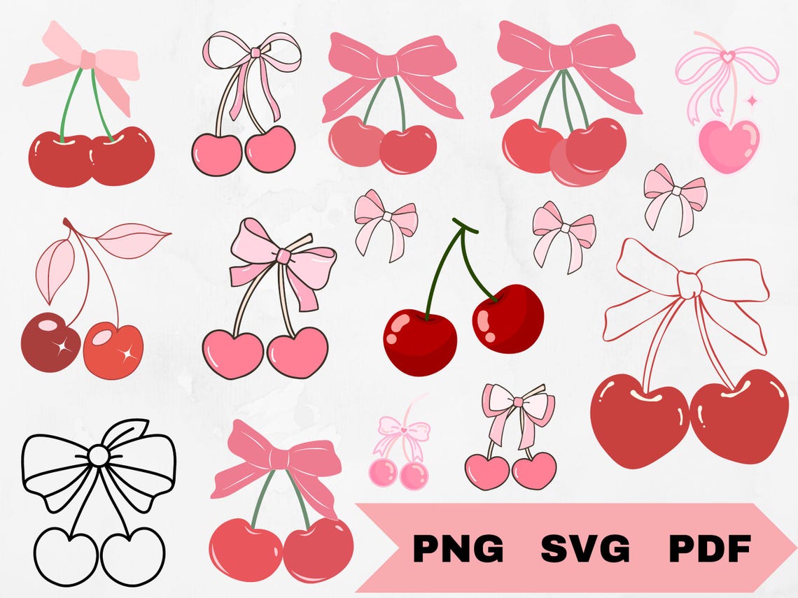 Cherry With Bow Coquette Clipart, Vintage Cherry Png, Pink Bow Clipart ...