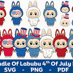 Pakiet Labubu SVG z 4 lipca, Patriotyczny Labubu PNG, Clipart z Dnia Niepodległości, Uroczy sublimacyjny Labubu, Czerwono-biało-niebieska kreskówka, USA 4 lipca