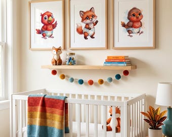 Conjunto de 3 quadros com estampas de animais bebês para fraldas, decoração para quarto de bebê com tema de floresta, raposa e papagaio para parede.