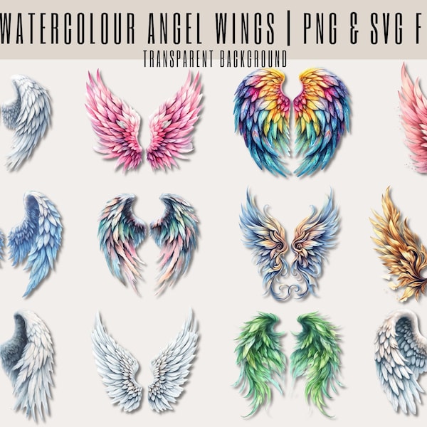 50 Angel wings clipart, watercolor angel wings, halo clip art, PNG and SVG with transparent background. Heaven clip art bundle.