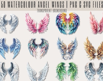 50 Angel wings clipart, watercolor angel wings, halo clip art, PNG and SVG with transparent background. Heaven clip art bundle.