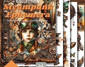 Op de afbeelding: Een printbare PDF-collectie van 43 pagina's met steampunk-ephemera voor collage, art journaling, kaartmaken en meer. De omslag toont een jongen met een bril en een kat in een hoge hoed, omringd door tandwielen en andere steampunk-elementen.