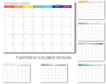 Op de afbeelding: Zeven printbare rekeningenbetalingskalenderontwerpen in verschillende kleuren. Elke kalender heeft een kop met de dagen van de week en een ruimte voor de maand en het jaar. De kalenders zijn ontworpen om u te helpen uw rekeningen en betalingen bij te houden.