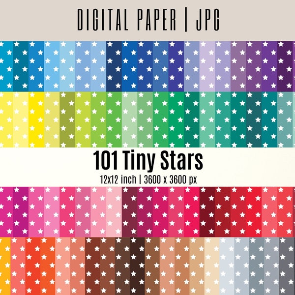 101 Tiny Stars Digital Paper Rainbow Colors, Small Geometric mini star background pattern printable scrapbook card making paper bundle, jpg