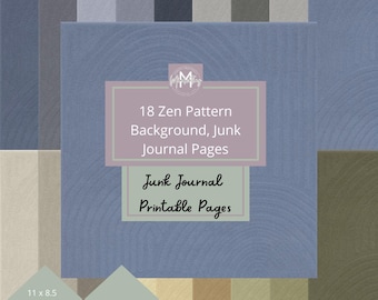 Op de afbeelding: 18 digitale papierachtergronden met een zen-patroon in tinten blauw, groen, bruin en beige. De papieren zijn 3600 x 3600 pixels groot en geschikt om te printen in US Letter formaat. De tekst op de afbeelding luidt "18 Zen Pattern Background, Junk Journal Pages" en "Junk Journal Printable Pages".