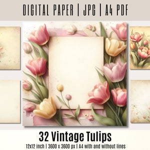 32 Tulpen Vintage Junke Journal Kit, Tulpen Scrapbook Papier, Digitale Ephemera, Shabby Chic digitales Papier, Junk Journal Supplie, Collage Sheet
