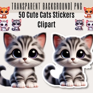 Cute Cat Fussy Cut Stickers Clipart Bundle - Set of 50 PNGs with transparent and sticker-edge background, Instant Download, Commercial Use!