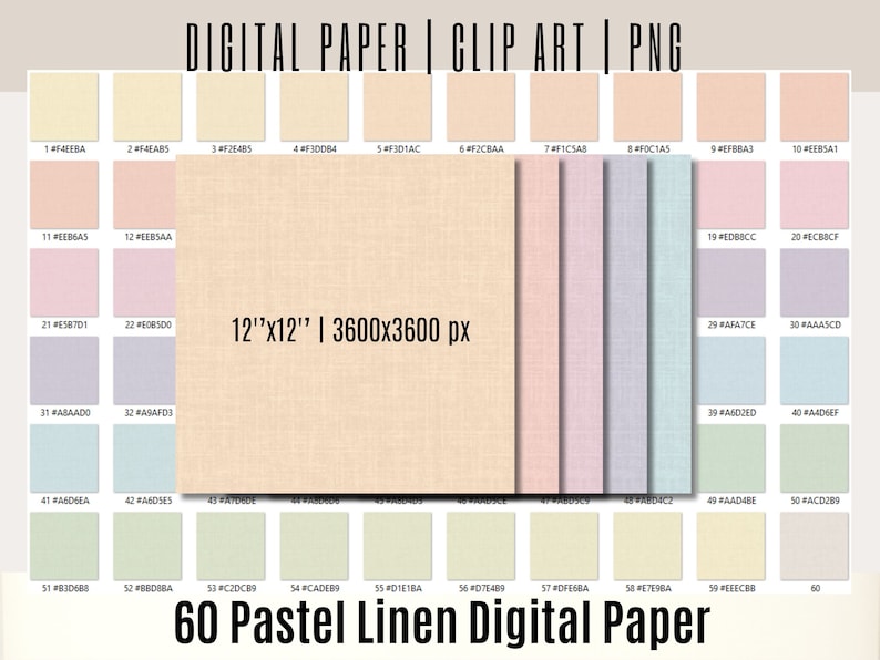 May include: A set of 60 digital papers featuring pastel linen textures in various shades of pink, blue, green, and yellow. Each paper is 12 inches by 12 inches and 3600 pixels by 3600 pixels.