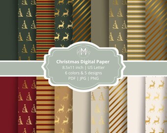 Weihnachts-Digitalpapier-Set: Nahtlose Muster in Rot, Grün & Gold (JPG, PNG, PDF)