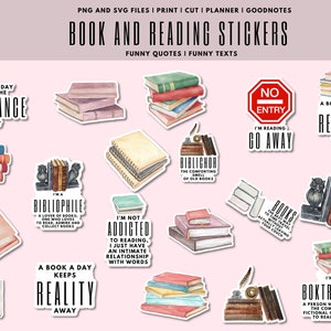 Book Lover Stickers: Reading Clipart, Funny Quotes (PNG, SVG)