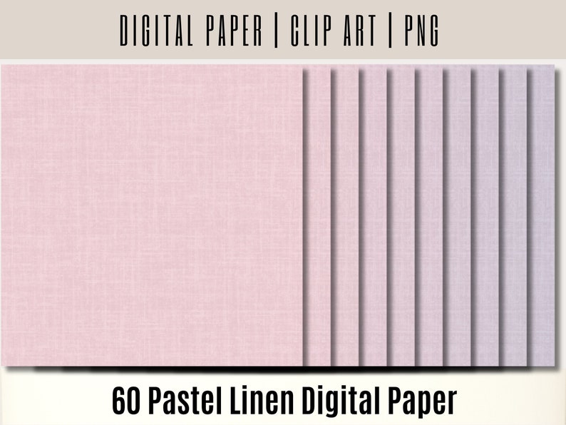 May include: A set of 60 digital papers featuring a pastel linen texture in various shades of pink and purple.  The papers are perfect for scrapbooking, card making, and other craft projects.  60 Pastel Linen Digital Paper.