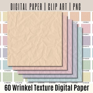 May include: A set of 60 digital paper textures in various pastel colors. The papers have a wrinkled, crumpled look. The colors include light pink, light blue, light green, and light yellow.