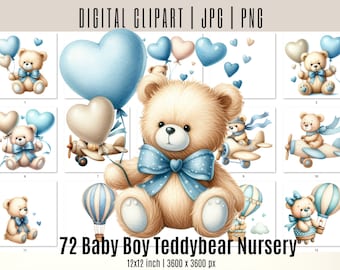 Clipart babyjongen teddybeer: aquarel kinderkamerkunst (digitale download)