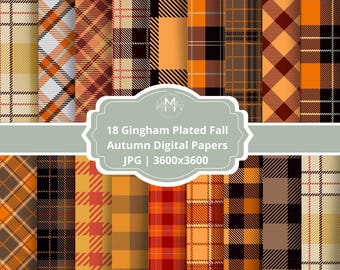 May include: A collection of 18 digital papers with fall-themed gingham patterns. The designs feature various plaid arrangements in shades of orange, brown, yellow, and black. The image includes the text "18 Gingham Plated Fall Autumn Digital Papers".