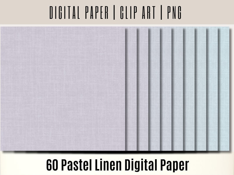 May include: 60 digital papers featuring a pastel linen texture in various shades of blue and purple.  The papers are perfect for scrapbooking, card making, and other craft projects.