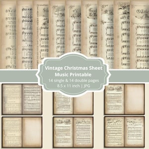 May include: A selection of vintage Christmas sheet music printables. The image displays individual sheets and open books of aged paper with musical notes and text. The text on the image reads "Vintage Christmas Sheet Music Printable".