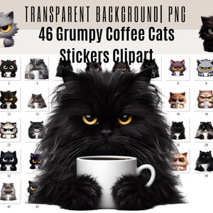 46 Clipart de chat de café grincheux, clipart de chat de tasse imprimable, sans arrière-plan, autocollant de chat PNG usage commercial, libre de droits