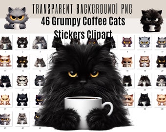 Op de afbeelding: Een set van 46 digitale clipart-afbeeldingen met humeurige katten die koffiemokken vasthouden. De katten zijn in verschillende poses en uitdrukkingen, sommige dragen hoeden of brillen. De afbeeldingen zijn perfect om een ​​tikje humor aan je projecten toe te voegen.