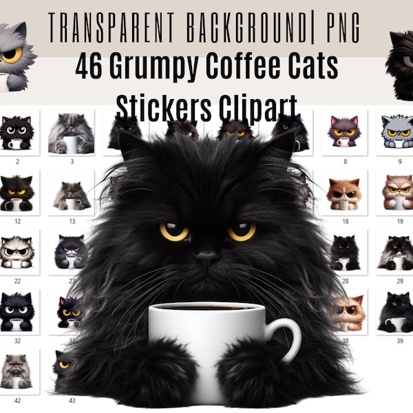 46 Grumpy Coffee Cat Clipart, Mug Cat Clipart Printable,No Background, Cat Sticker PNG Commercial Use, Royalty Free