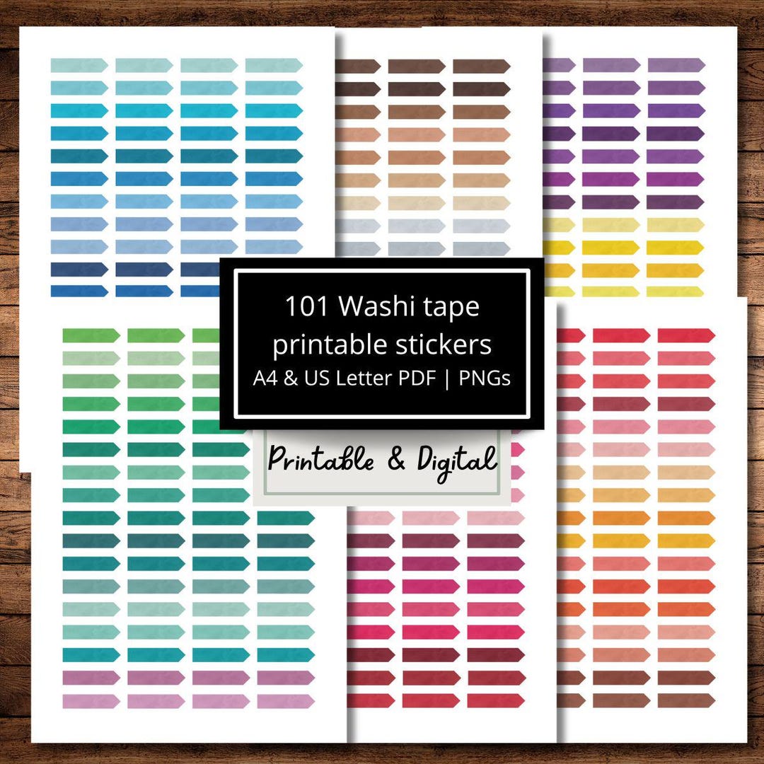 Watercolor Washi Tape Stickers: 101 Printable Planner Designs (PDF ...