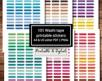 Op de afbeelding: Printbare washi tape stickers in verschillende kleuren, waaronder blauw, groen, turquoise, paars, geel, rood, oranje en bruin. De stickers hebben de vorm van pijlen en zijn in rijen op een witte achtergrond gerangschikt. De tekst "101 Washi tape printable stickers A4 & US Letter PDF | PNGs Printable & Digital" is op de afbeelding gedrukt.