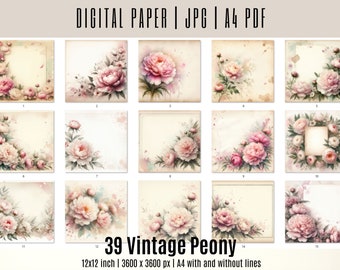 Op de afbeelding: Set van 15 digitale papieren met vintage pioenrozen in roze en witte tinten op een crèmekleurige achtergrond met aquarelspatten. De papieren zijn 12x12 inch en 3600 x 3600 pixels.