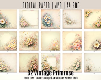 Op de afbeelding: Een set van 32 digitale papieren met vintage-stijl illustraties van primula bloemen in roze en gele tinten. De papieren zijn 30,48 x 30,48 cm en 3600 x 3600 pixels, en zijn beschikbaar in A4-formaat met en zonder lijnen.