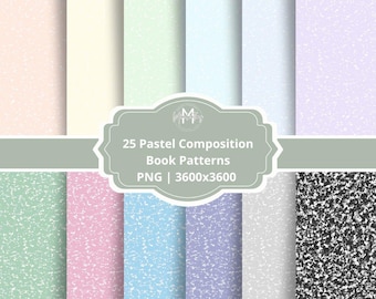 Retro Composition Book Digital Paper: 25 Seamless Patterns + Labels (PNG Download)