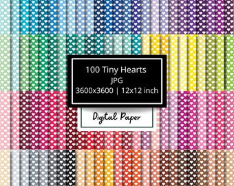 Op de afbeelding: Een digitaal papierpakket met 100 verschillende patronen van kleine witte hartjes op verschillende gekleurde achtergronden. Het pakket bevat 12x12 inch JPG-bestanden, 3600x3600 pixels.