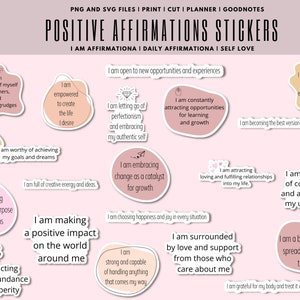 May include: A set of 16 pink and peach colored stickers with positive affirmations. The stickers are designed to be used as motivational reminders for self-love and personal growth. The text on the stickers includes phrases like "I am worthy of achieving my goals and dreams", "I am making a positive impact on the world around me", and "I am grateful for my body and treat it with love and respect".