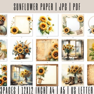 Paquet de 43 papiers numériques tournesol, pages imprimables de journal indésirable, kit de journal indésirable botanique vintage feuille de collage papier journal indésirable imprimable