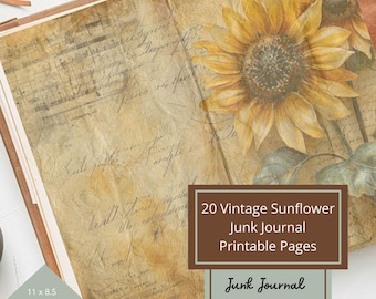 Op de afbeelding: 20 afdrukbare pagina's met vintage zonnebloemillustraties in warme tinten geel, bruin en groen. De pagina's zijn ontworpen voor gebruik in junk journals en zijn 11 x 8,5 inch groot.