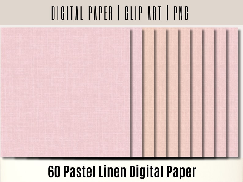 May include: 60 pastel linen digital papers in various shades of pink. These digital papers are perfect for scrapbooking, card making, and other craft projects.