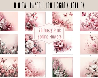 Op de afbeelding: Een digitaal papierpakket met 70 ontwerpen van stoffige roze lentebloemen. De ontwerpen bevatten verschillende bloemen, vlinders en een lichtroze achtergrond.