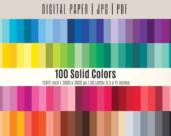 100 Plain Solid Colors Digital Scrapbook Paper Bundle, 3600x3600 pixels, 12x12inches