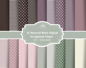 Op de afbeelding: Een verzameling van 32 neutrale boho digitale scrapbook papieren. De papieren bevatten verschillende patronen, waaronder strepen, sterren en stippen, in tinten bruin, paars, roze en groen. De afbeelding bevat de tekst "32 Neutral Boho Digital Scrapbook Paper".