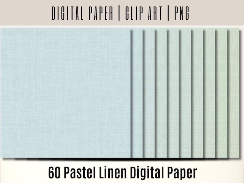 May include: A set of 60 digital papers featuring a pastel linen texture in various shades of blue and green.  The papers are perfect for scrapbooking, card making, and other craft projects.  "60 Pastel Linen Digital Paper" is written at the bottom of the image.