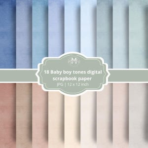 May include: Digital scrapbook paper set with 18 baby boy tones in blue, beige, and brown. The paper is 30.48 x 30.48 cm. The image includes text that reads "18 Baby boy tones digital scrapbook paper JPG | 12 x 12 inch."