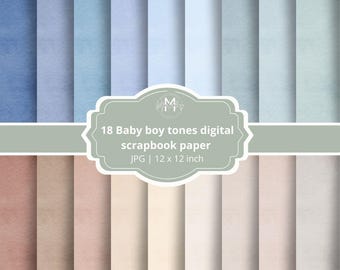 Op de afbeelding: Digitale scrapbookpapier set met 18 babyjongen tinten in blauw, beige en bruin. Het papier is 30,48 x 30,48 cm. De afbeelding bevat de tekst "18 Baby boy tones digital scrapbook paper JPG | 12 x 12 inch."