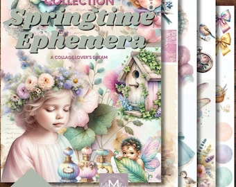 Op de afbeelding: Een set van 50 printbare pagina's met voorjaarsephemera voor knutselen en collage. De pagina's bevatten illustraties van feeën, vogels, bloemen en andere voorjaarsmotieven. De pagina's zijn 21,6 cm bij 27,9 cm en zijn ontworpen voor gebruik met een standaard US letter-formaat printer.