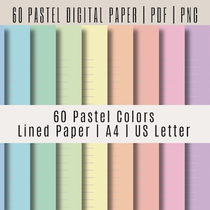 Confezione da 60 fogli di carta digitale pastello - A4 e PDF US Letter, 60 PNG, modelli di planner digitali a righe multicolore Goodnotes, Notability, iPad