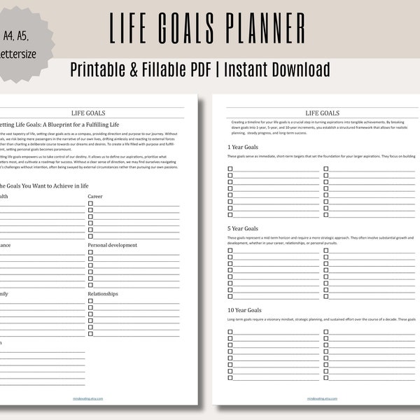 Life Goals Planner, Goal Setting, Life Vision Planner, My Future, Dream Life Plan, A4/A5/Lettersize, Instant Download PDF