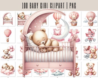 Lot de cliparts petite fille ours en peluche : aquarelle rose PNG (téléchargement numérique)