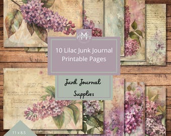 Op de afbeelding: Tien bedrukbare pagina's met lila bloemen op een vintage achtergrond. De pagina's zijn 11 inch bij 8,5 inch en zijn ontworpen voor gebruik in junk journals.