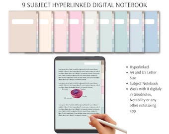 Op de afbeelding: Een digitaal notitieboek met negen verschillende gekleurde omslagen. Het notitieboek is ontworpen voor gebruik met notitie-apps zoals Goodnotes en Notability. Het notitieboek is hyperlinked en beschikbaar in A4- en US Letter-formaten.