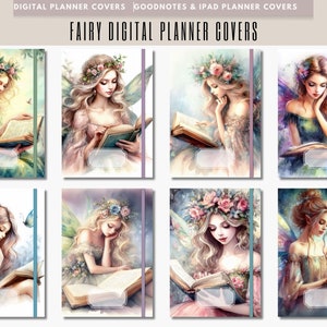 May include: Set of eight digital planner covers featuring watercolor illustrations of fairies reading books. Each fairy has a floral crown and wings, and is surrounded by flowers and butterflies. The covers are perfect for Goodnotes and iPad planners.