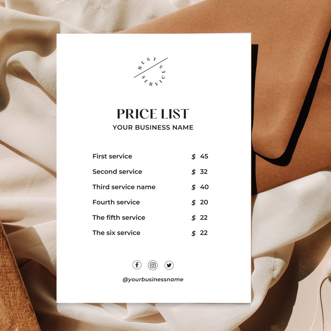 White Price List Template Modern Small Business Price List Etsy