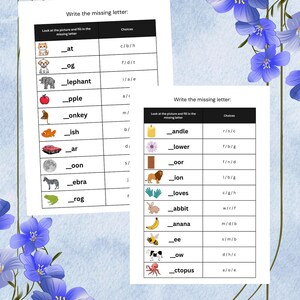 Hoja de trabajo con imágenes para aprender letras faltantes: práctica para niños, imprimible
