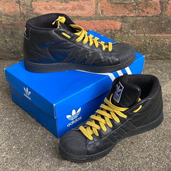 Vintage Adidas Shell Toe Mid-Tops, Black Adidas Sneakers, Yellow Laces, Size 13 Men's
